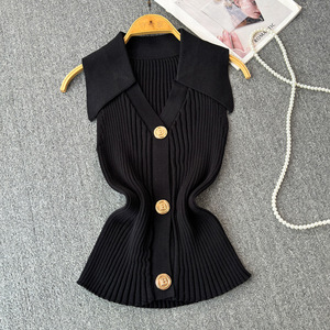 Chaleco de punto corto con cuello polo, diseño delgado de verano para mujer, a la moda - Product Image 3