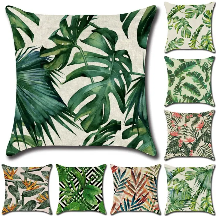 Toptan özel keten pamuk yastık örtüsü ofis koltuğu dekor son tasarım tropikal bitkiler yapraklar baskılı minder örtüsü