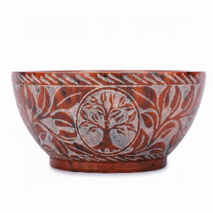 <b>Deep</b> red soapstone <b>bowl</b> with contrasting white-filled carvings of a Tree of Life. Available at wholesale prices - Product Image 1