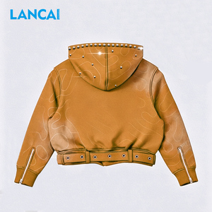 Custom Knitted Belted Cropped Hoodies Streetwear Oversized Baggy 100%Cotton Coat Acid Washed Rhinestone Zip up Hoodie <b>Men</b> - Product Image 2