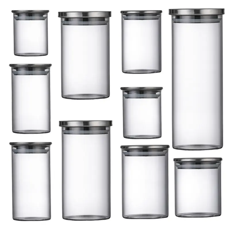 Bocaux en verre Borosilicate avec couvercles en acier inoxydable, récipients en verre hermétiques pour le sucre, la farine, les bonbons, les cookies et le riz