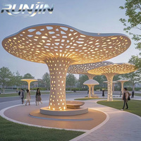 Sculpture d'art moderne en métal découpé au laser, éclairée par LED, de qualité architecturale, sur mesure, grande statue de champignon carrée pour extérieur