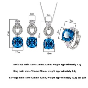 Fashion Elegant Eco-friendly Copper Gold Plated 12*12mm Blue Zircon Pendant <b>Earrings</b> Jewelry <b>Set</b> for Women High Quality - Product Image 2