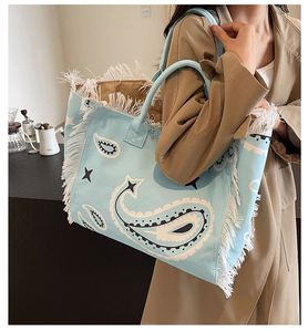 BESTELLA Tassel Decorated <b>Large</b> Capacity Tote <b>Bag</b> Handbag Canvas <b>Beach</b> Shopping Use Custom Logo - Product Image 4