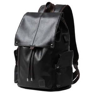 supplier black leather business laptop travel anti theft backpack multifunction waterproof bag with usb charging port for unisex