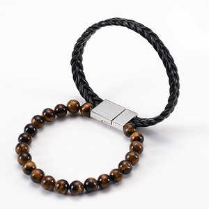 Pulsera de cuero de ojo de tigre de piedra Natural para hombre, brazalete de doble fila con cierre magnético - Product Image 4