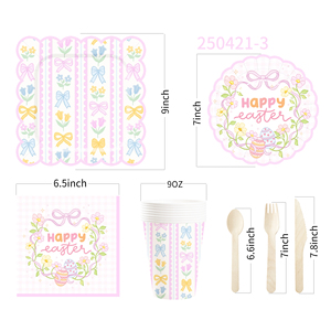 DAMAI HAPPY <b>EASTER</b> Party Supplies Pastel Bow Themed Tableware Set for Scalloped Paper Plates and <b>Cups</b> Napkins Sets - Product Image 6