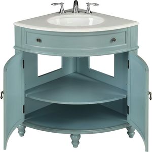 סלון גלריה סלון קומה 24in כחול פינה צורה עץ מלא + mdf חדר אמבטיה מסורתי ארון קרמיקה לבן הבלים העליון - Product Image 2