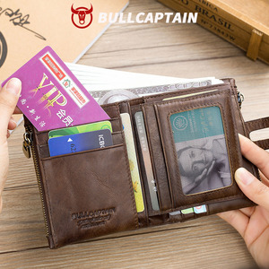 BULLCAPTAIN Genuine Leather <b>RFID</b> <b>Men</b> <b>Wallet</b> Credit Business Card Holders Double Zipper Cowhide Leather <b>Wallet</b> Purse Carteira - Product Image 2