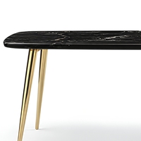 Table à manger rectangulaire aspect marbre noir avec pieds coniques dorés pour hôtel, villa, appartement