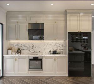 Armoires de cuisine blanches minimalistes modernes, armoire en forme de L sur mesure avec poignées dorées pour la rénovation de la maison - Product Image 6
