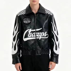 YUCHEN Chaquetas de Cuero PU para Hombre con Cremallera y Bordado de Chenilla, Estilo Urbano Corto Personalizado OEM en Color Rojo - Product Image 3