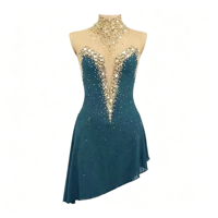 Robe de patinage artistique bleu sarcelle foncé à col montant et strass dorés, dos ouvert en V profond, jupe asymétrique pour adultes et enfants