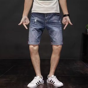 Short en <span class=keywords><strong>jean</strong></span> d'été pour hommes à la mode lâche cinq points déchiré <span class=keywords><strong>taille</strong></span> tissée mi-longue lavage léger Style droit - Product Image 2