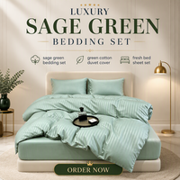 Parure de lit en coton vert sauge 4 pièces, housse de couette, drap et taies d'oreiller à rayures satinées pour la décoration de chambre à coucher