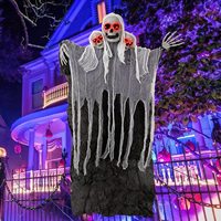 Décoration suspendue Crâne à trois têtes lumineux et sonore pour Halloween, grande taille, pour entrée intérieure et pièce hantée