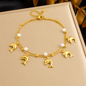 Summer Beach Ocean Double Chain Anklet Pearl Sea Creature Charm Jewelry Ladies Holiday Daily Stainless Steel Gold Anklet - Product Image 3
