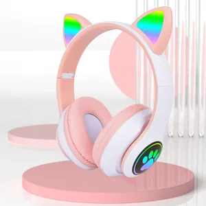 Earbud nirkabel Led warna-warni anak perempuan, Earphone Headset Bt Olahraga game, headphone telinga kucing nirkabel dengan lampu Led warna-warni untuk anak perempuan