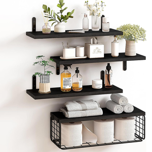 Étagère Flottante Murale en <span class=keywords><strong>Bois</strong></span> avec Panier de Rangement en <span class=keywords><strong>Métal</strong></span>, <span class=keywords><strong>Porte</strong></span>-rouleaux de <span class=keywords><strong>Papier</strong></span> <span class=keywords><strong>Toilette</strong></span> pour Salle de Bain, Chambre et Salon - Product Image 2