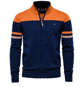 Liu Ming di buona qualità autunno inverno di tendenza Cardigan con cerniera in cotone 100% da uomo maglioni lavorati a maglia Patchwork Casual a righe - Product Image 6