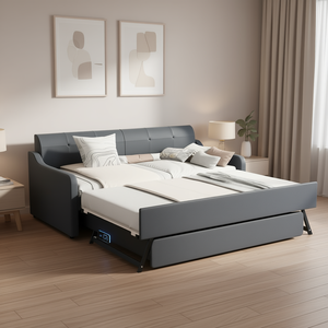 Divano letto matrimoniale imbottito grigio con letto estraibile e ricarica USB, design moderno, mobili per camera da letto - Product Image 2