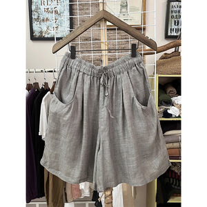 Retro Cotton Linen Wide Leg Shorts Women Summer Breathable Loose Mid Waist Casual Pants With Pockets Khaki Gray White Pink Black - Product Image 2