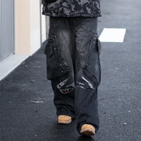 Jeans cargo multi-poches délavés noirs déchirés, taille plus, pour hommes, jambe large, streetwear, usage quotidien, jeans baggy en denim, fabricant