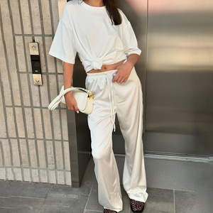 Pantalon évasé en satin pour femme, taille haute, micro-élastique, décontracté, rose - Product Image 3