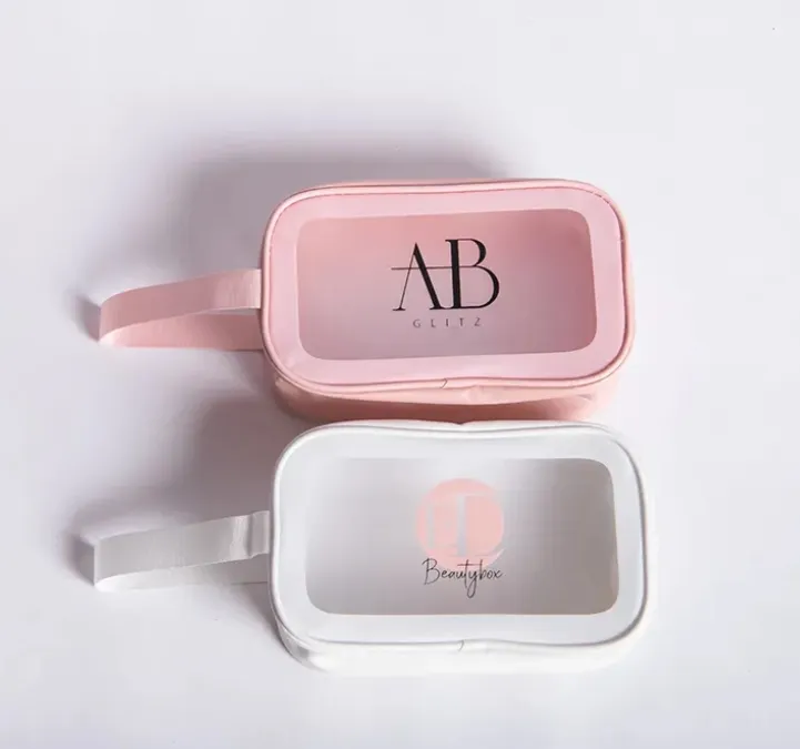 Custom Logo Printed Pink PVC Cosmetic Bag Fashionable Waterproof Makeup Bag for School Use