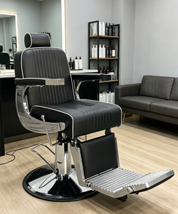 Sillón de Barbería Hidráulico de Lujo en Cuero PU Negro con Detalles Cromados, Sillón Reclinable para Peluquería, Corte de Cabello y Afeitado - Product Image 6