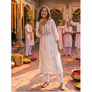 Conjunto de Kurta de Algodón Blanco Bordado para Mujer con Dupatta, de Secado Rápido, Sin Arrugas, Estilo Étnico para Uso Diario - Product Image 1