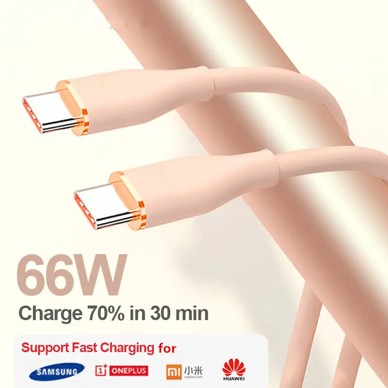 Kabel Data Ponsel Silikon Tipe C, USB-C Pengisian Daya Super Cepat 66W untuk Huawei Samsung OPPO Xiaomi