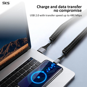 Câble USB 2.0 mâle vers Type-C mâle spiralé 100W OD4.0mm 5A, câble de charge rapide pour voiture, câble de données pour ordinateur, écouteurs et <span class=keywords><strong>imprimante</strong></span> - Product Image 5