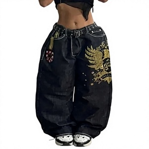 Pantalon cargo en jean noir pour femme, coupe ample, jambe large, couleur unie, écologique, respirant, taille haute, longueur intégrale - Product Image 1