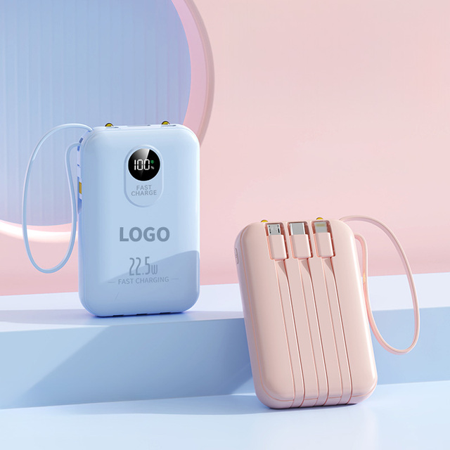 Mini 10000mAh Power Bank Fast Charge Portable Powerbank Built in 4 Cables and 2 LED Torches PD 22.5W with LED Display