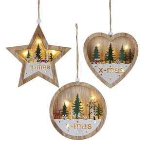 LED Christmas Wishes Star Heart Tree Shape Pendant Wood Christmas Tree Hanging Ornament