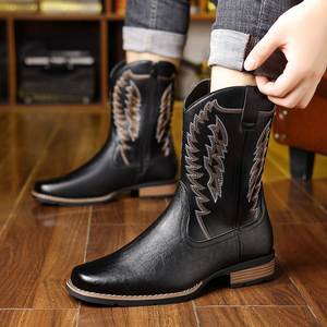 Bottes de cowboy western montantes brodées pour hommes, bottes de chevalier tendance à blocs de couleur, bottes d'équitation à bout carré - Product Image 5