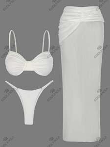 Elegant <strong>White</strong> <strong>Bikini</strong> 3 Piece Set Women's Sexy Halter Neck Ruched <strong>Bikini</strong> <strong>Top</strong> High Slit Transparent Skirt Cover-Up Beachwear Traje - Product Image 6