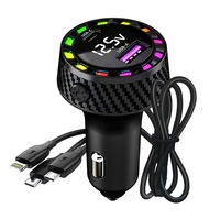 Chargeur de voiture 5-en-1 K17/3 avec câbles intégrés, lumière ambiante RVB colorée, adaptateur de charge USB/PD, affichage numérique de la tension