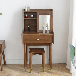 Nordic Solid Wood Dressing <b>Table</b> Walnut Color With <b>Mirror</b> Storage Bedroom <b>Vanity</b> And Stool Set - Product Image 2