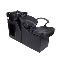 Fauteuil de lavage de cheveux semi-inclinable contemporain noir pour salon, avec appui-tête en cuir et repose-pieds réglable en céramique