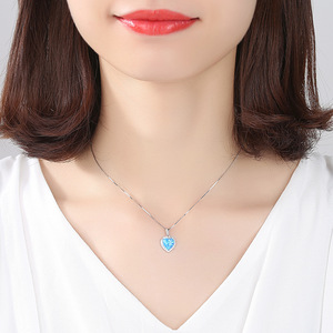 925 Sterling Silver Blue Fire <strong>Opal</strong> Heart Pendant <strong>Necklace</strong> For Women Trendy Gold Plated Link Chain Fashion Gift - Product Image 5
