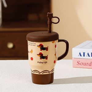 Taza de café de diseño de dibujos animados de cachorro creativo de cerámica de gran capacidad con tapa y tubo de succión para regalos - Product Image 2