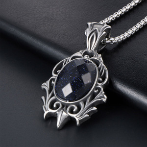 Colgante de estilo chino retro en forma de lágrima de acero de titanio con brillo azul, joyería con engaste de bisel solitario SP445 - Product Image 3