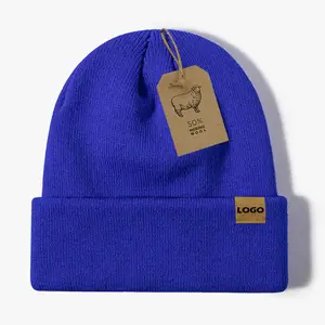 High Quality Soft Ski Knitted Hats Men Women Custom Winter Hats 50% Merino Wool Beanies With Leather Patch