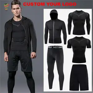 QY9206 Custom 5 Piece Men's sports fitness wear Quick-drying Shirt Top Long Sleeve Jacket Set Gym Sport Suit