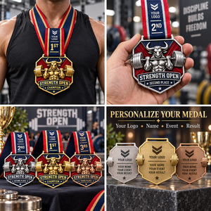 เหรียญรางวัลกีฬาแข่งขัน Custom Bull Strength Sports แบบเคลือบอ่อน พร้อมเคลือบทอง เงิน และทองแดง และริบบิ้นรางวัลแบบกำหนดเองได้ - Product Image 3