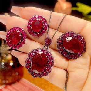 Fashion 13*18-10-12mm Red Zircon Black Gold Plated Eco-friendly Copper Vintage Pendant <b>Earring</b> <b>Set</b> Women's Zirconia Jewelry <b>Sets</b> - Product Image 3