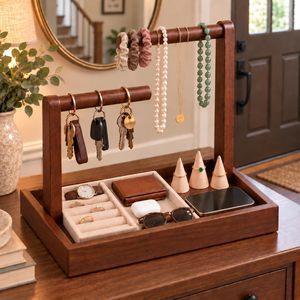 Organisateur <span class=keywords><strong>de</strong></span> table en bois à deux niveaux avec barres ouvertes et plateau à bijoux pour tables <span class=keywords><strong>de</strong></span> chevet, bureaux et entrées, avec cône porte-bagues - Product Image 1