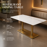 Table de restaurant rectangulaire avec plateau en pierre frittée, base à double poteau en laiton, résistante aux rayures et à la chaleur